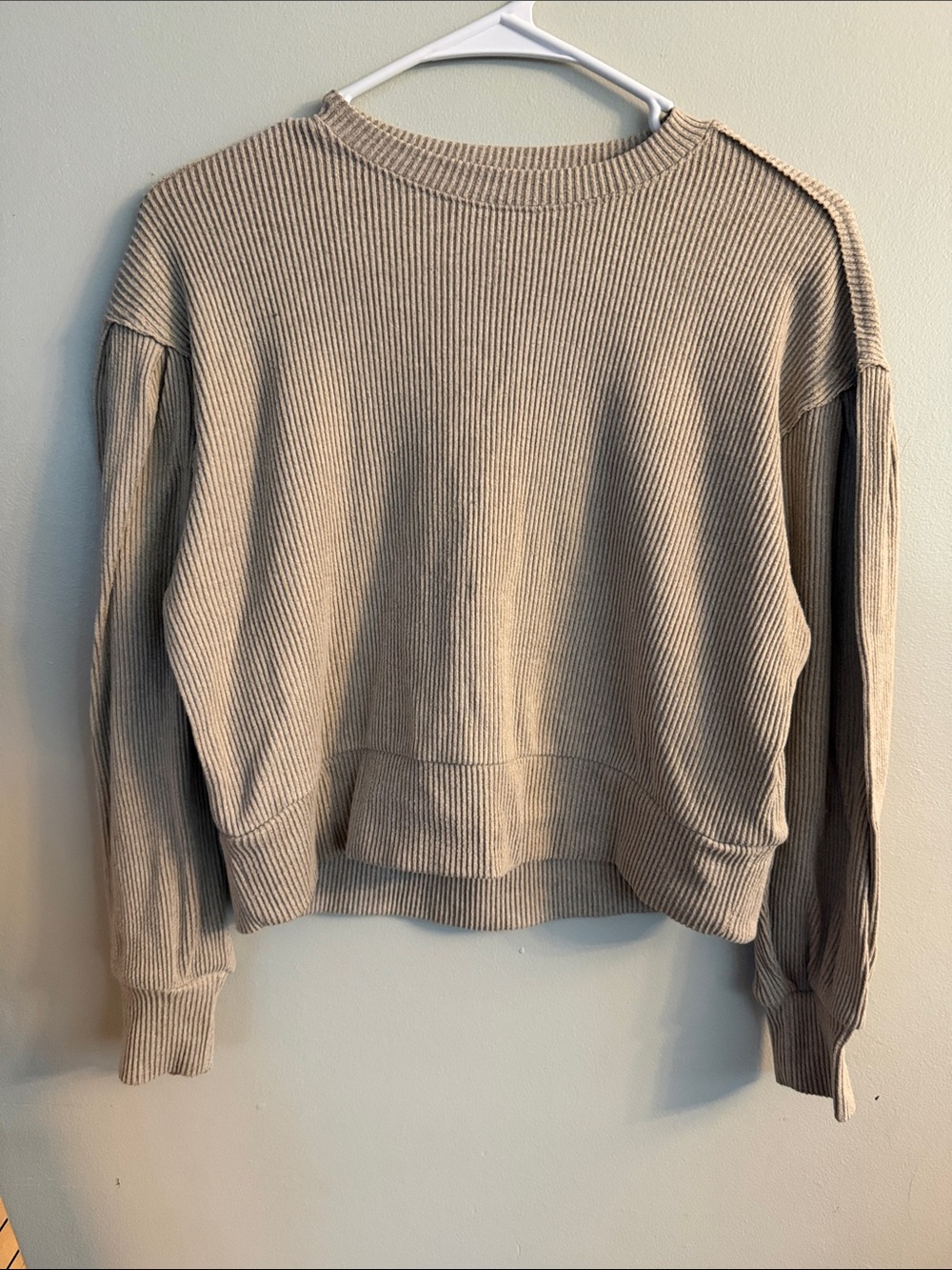 SO Beige Ribbed Crewneck Crop Sweater